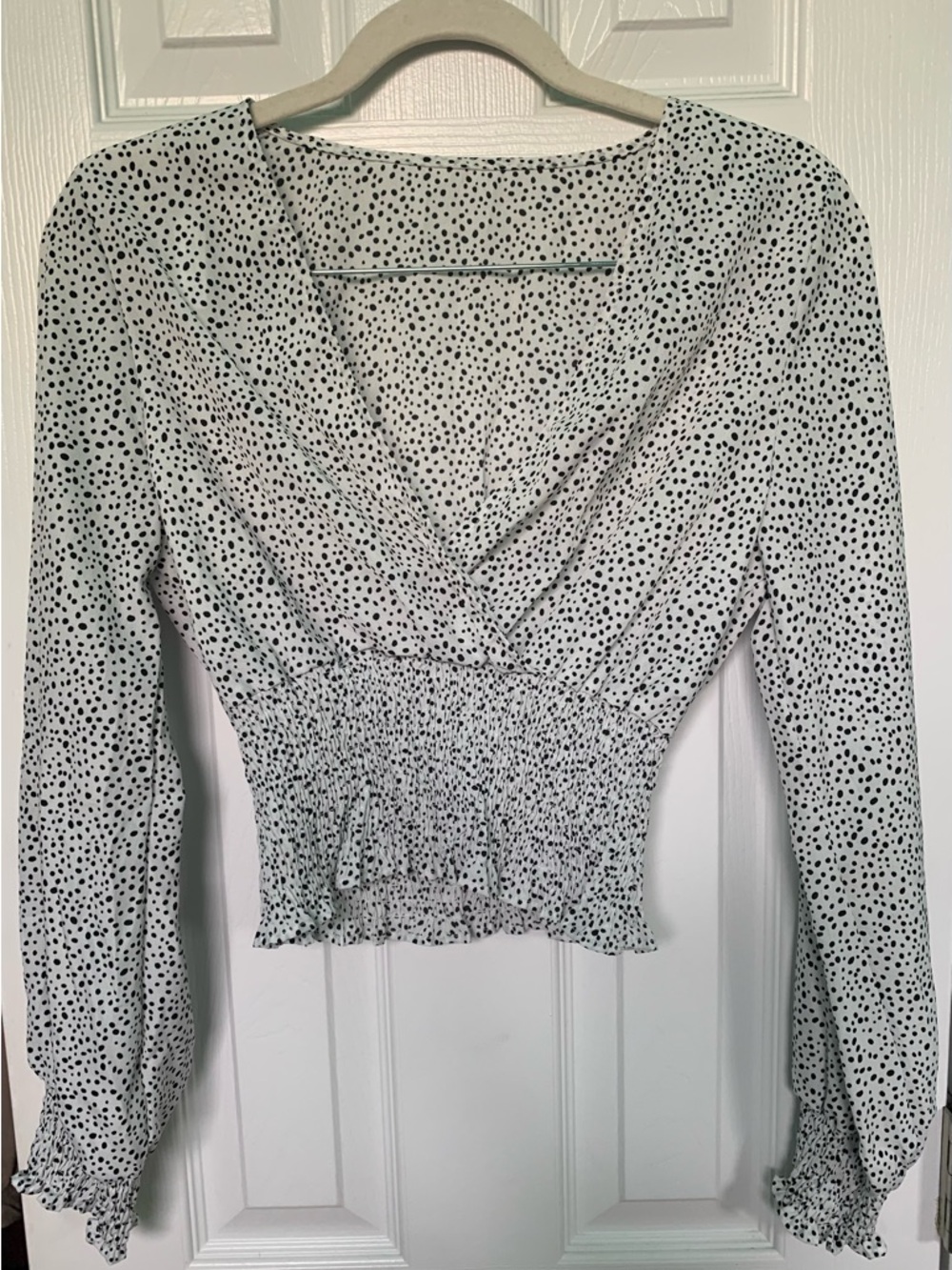 Polka Dot Long-Sleeve V-Neck Peplum Top - White/Black
